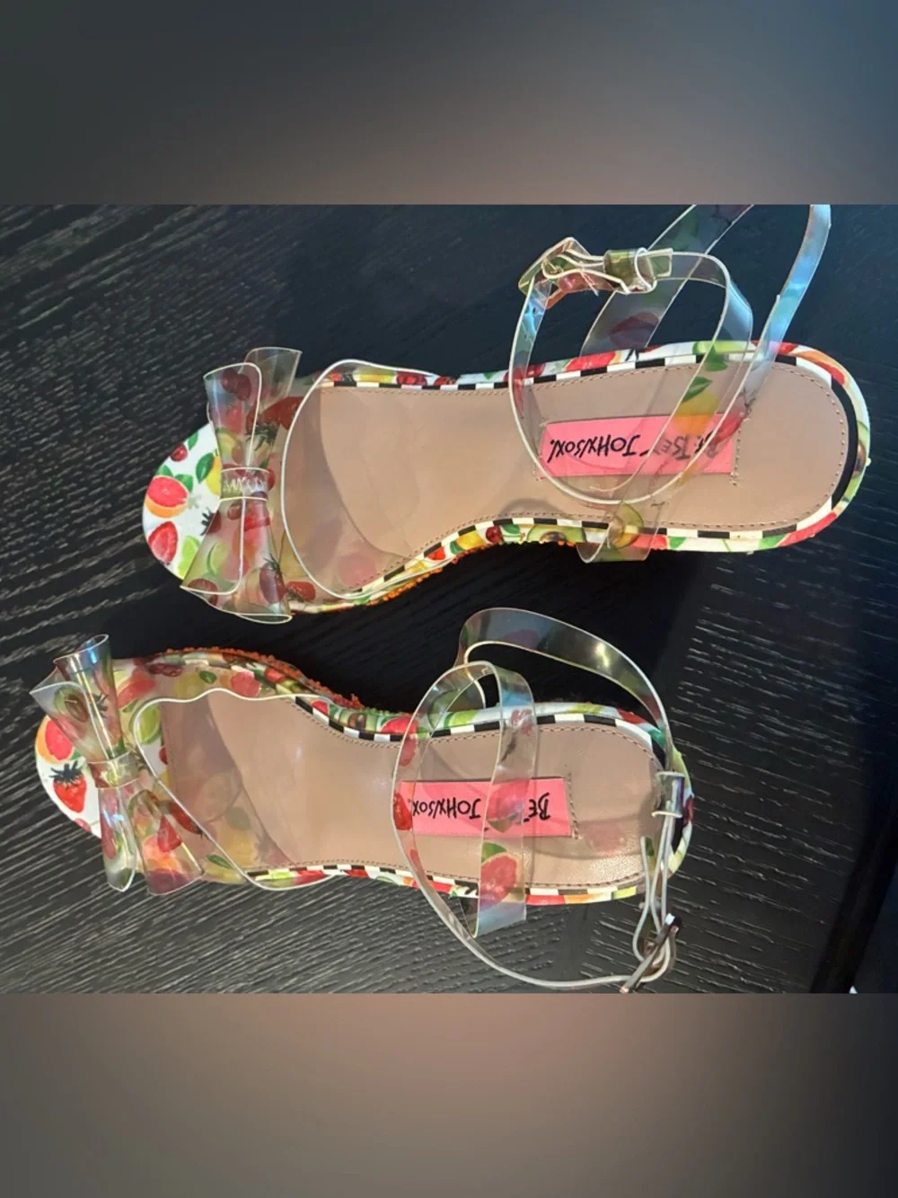 Betsey Johnson Multicolor Strawberry Print Clear Strap Wedge Sandals